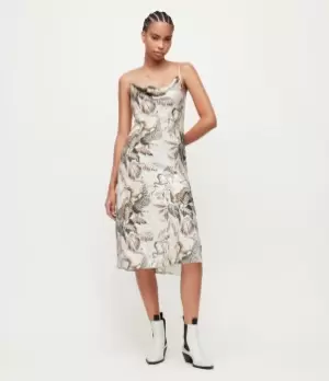 Image of AllSaints Womens Hadley Ukushisa Midi Dress, Cream/Pink/Grey, Size: 12