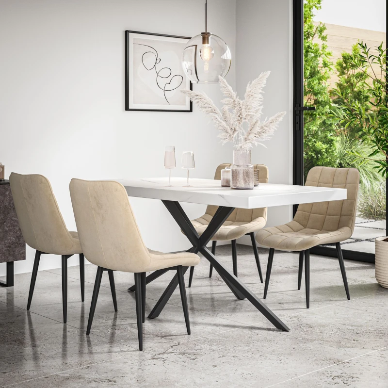 Image of More4Homes Donni Dining Table And Chairs - White Marble Effect Table Top W Black Legs + Nova Velvet Dining Chair Set Of 4 (Beige)