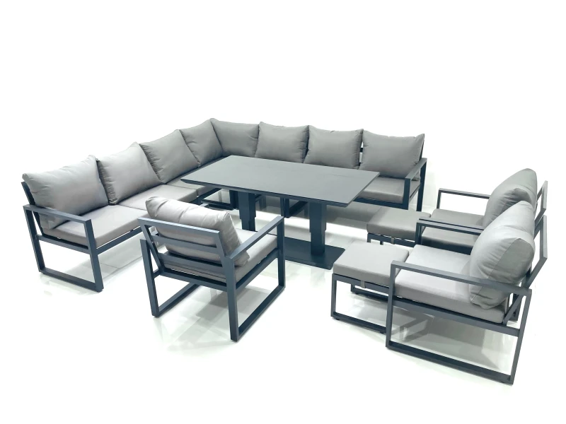 Image of Fimous 12 Seater Outdoor Aluminum Garden Furniture Set Corner Sofa 3 Chair 2 Small Footstool Adjustable Rising Lifting Dining Table Sets Dark Grey Dar