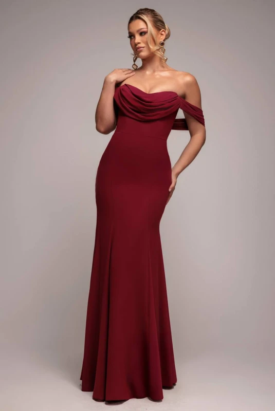 Image of Goddiva Womens Chiffon Bardot Cowl Neck Maxi Dress in Burgundy Size: 8 Burgundy Female 8