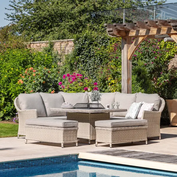 Image of Kingsdown Corner Square Dining Set with Fire Pit Stone