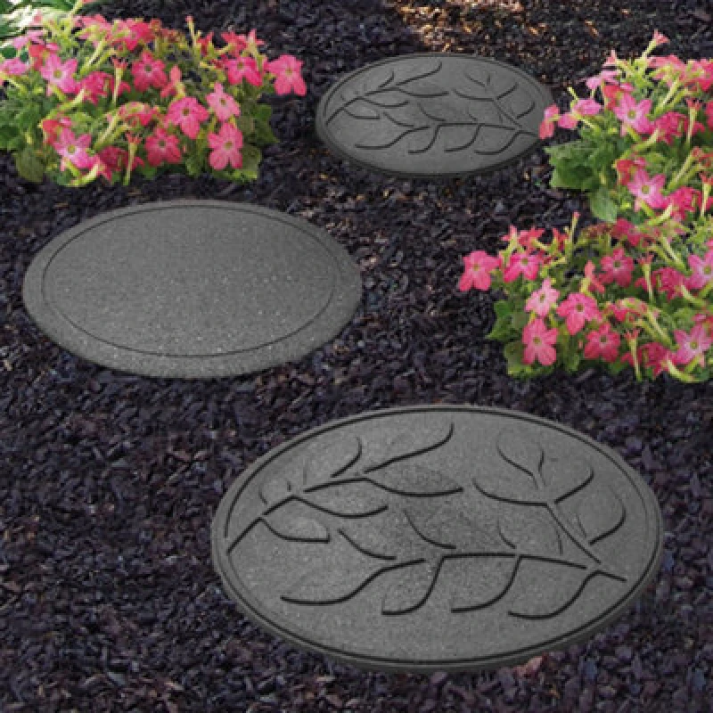 Image of Garden Stepping Stones Ornamental Path Eco Friendly Weatherproof Recycled Rubber Leaf Design (1 Stone, Grey)