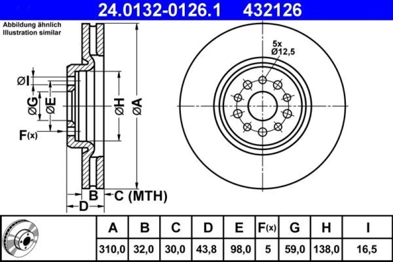 Image of ATE 24.0132-0126.1 Brake disc Vented, Coated Brake Disc (82)