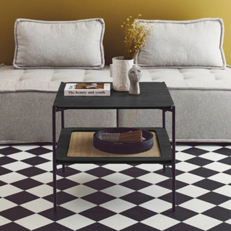 Image of Sweeek - Square Coffee Table With Wood Effect And Cane Manado Black 60X60X52 Cm