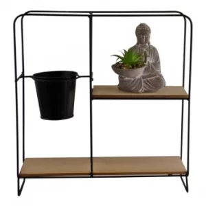 Image of Freestanding Square Black Metal Shelf Unit With Pot & Buddha Statue