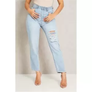 I Saw It First Mid Wash Back Leg Ripped Mom Jeans - Blue