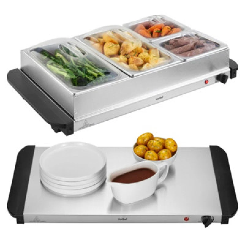Image of VonShef 300W Table Top 4 Tray Food Warmer Buffet Server Metallic Silver