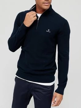 Image of Gant Cotton Pique Quarter Zip Knitted Jumper - Evening Blue, Evening Blue Size M Men