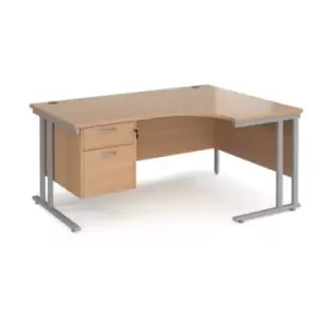 Image of Office Desk Right Hand Corner Desk 1600mm With Pedestal Beech Top With Silver Frame 1200mm Depth Maestro 25 MC16ERP2SB