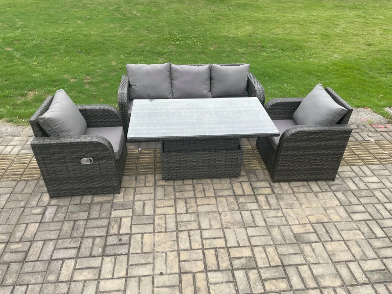 Image of Fimous Rattan Outdoor Garden Furniture Sets Height Adjustable Rising lifting Dining Table Lounge Sofa Set With Reclining Chair Dark Grey Mixed Dark Gr
