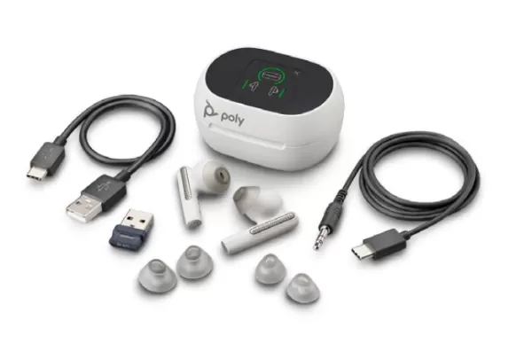 Image of POLY Voyager Free 60+ UC Touch Screen Charge Case USB-C Teams White Sand (P/N 216755-02)