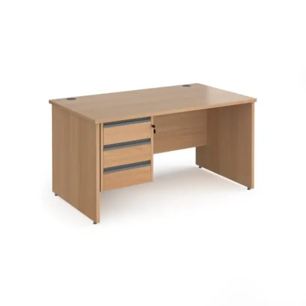 Image of Office Desk Rectangular Desk 1400mm With Pedestal Beech Top And Panel End Leg 800mm Depth Contract 25 CP14S3-G-B