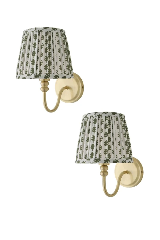 Image of ValueLights Binky Pair of Rechargeable Gold Wall Lights with Floral Pleated Shades in Pale Green Pale Green Unisex