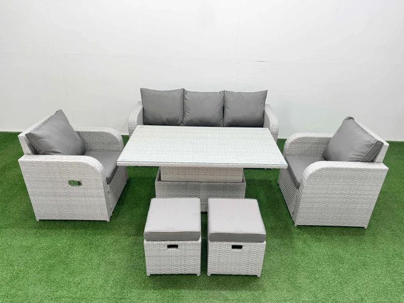 Image of Fimous PE Rattan Garden Furniture Set Reclining Chair Sofa Lounge Sofa Set Adjustable Lifting Dining or Coffee Table 2 Small Stools Light Grey Light G