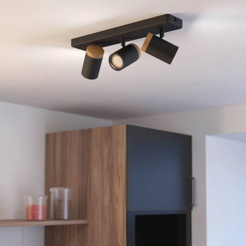 Image of Eglo Consuma Steel & Wood 3-Light Bathroom Spotlight, Black & Brown Black Unisex