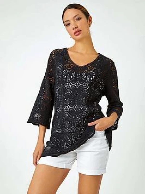 Image of Roman Cotton Crochet Tunic Top Black