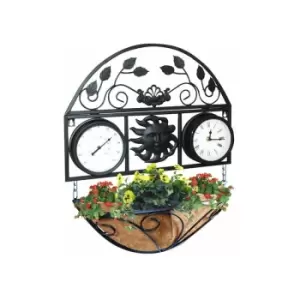 Image of Black Outdoor Garden Clock & Thermometer with Flower Basket