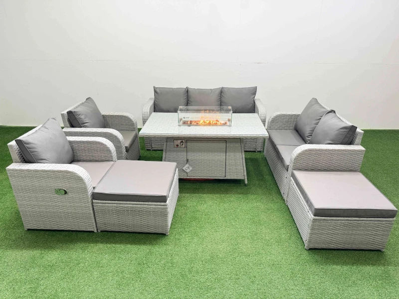 Image of Fimous PE Rattan Garden Furniture Set Reclining Chair Sofa Double Love Seat 2 Seater Sofa Lounge Set Firepit Dining Table 2 Big Footstool Light Grey L