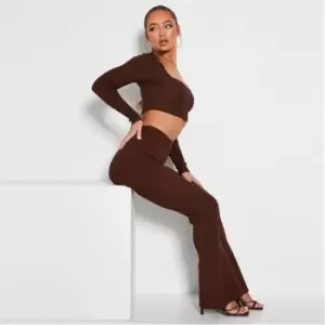 image of I Saw It First Seamless Rib Flared Trousers - Brown