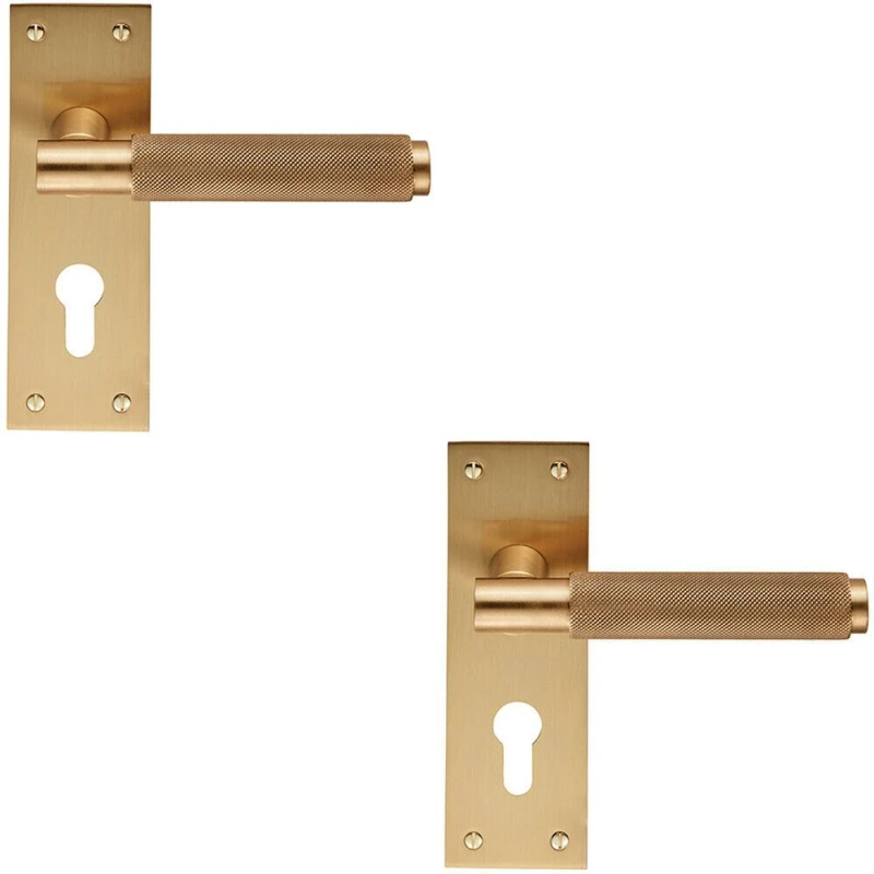 Image of Loops 2x PAIR Knurled Round Handle on Slim Euro Lock Backplate 150 x 50mm Satin Brass Metallics