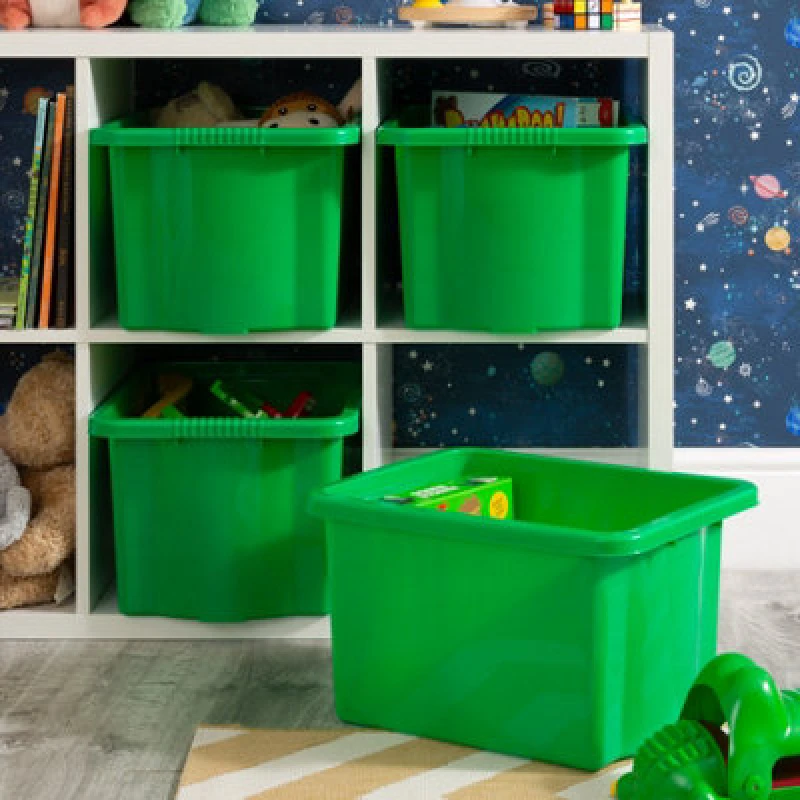 Image of Wham Stack & Store 4X 24L Plastic Storage Boxes. Ideal For Toys, Classrooms & Playrooms. Integrated Handles. Green