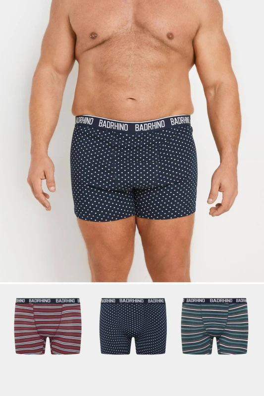 Image of BadRhino BadRhino Men 3 Pack Stripe & Spot Boxers in Blue Size: 3X-Large Blue XXXL Male 5063111856893