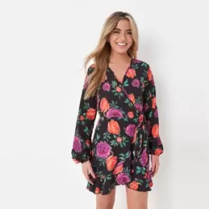 image of Missguided Sleeve Ls Belted Tea Dress Flral - Black