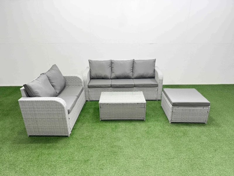 Image of Fimous 6 Seater PE Rattan Wicker Garden Furniture Patio Conservatory Sofa Set with Rectangular Coffee Table 3 Seater Sofa Love Sofa Big Footstool Ligh