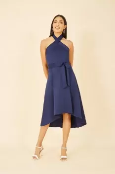 Navy Halterneck Dipped Hem Skater Dress