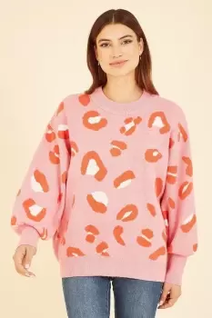 image of Pink Abstract Animal Print Intarsia Relaxed Jumper