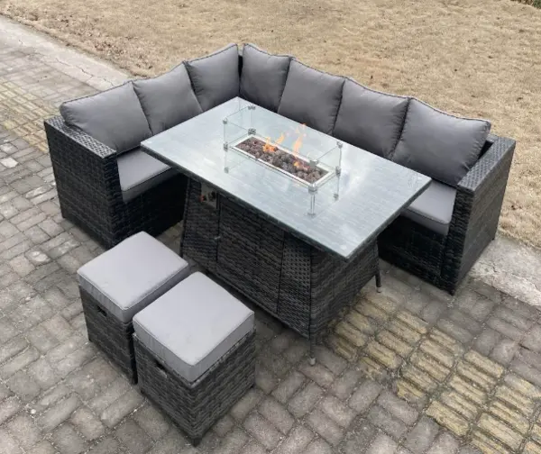 Image of Fimous 6 Seater Outdoor Dark Grey PE Rattan Lounge Complete Sofa Set with Gas Fire Pit and 2 Stools