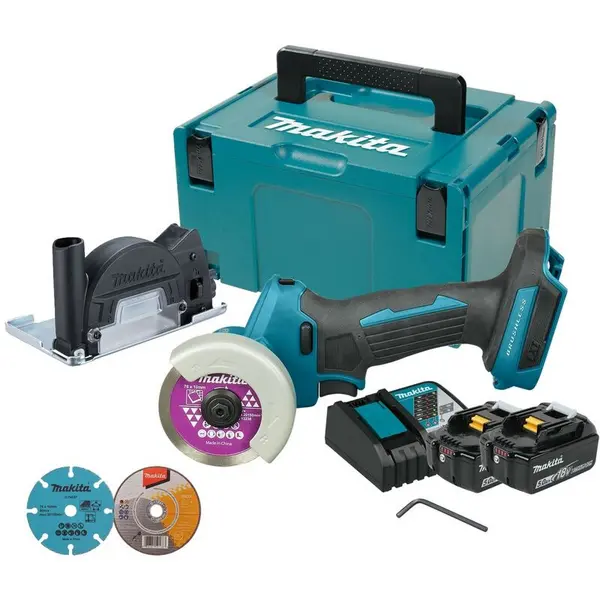 image of Makita DMC300RTJ 18V LXT Brushless 76mm Compact Cut Off Saw + 3 Blades 2 X 5ah