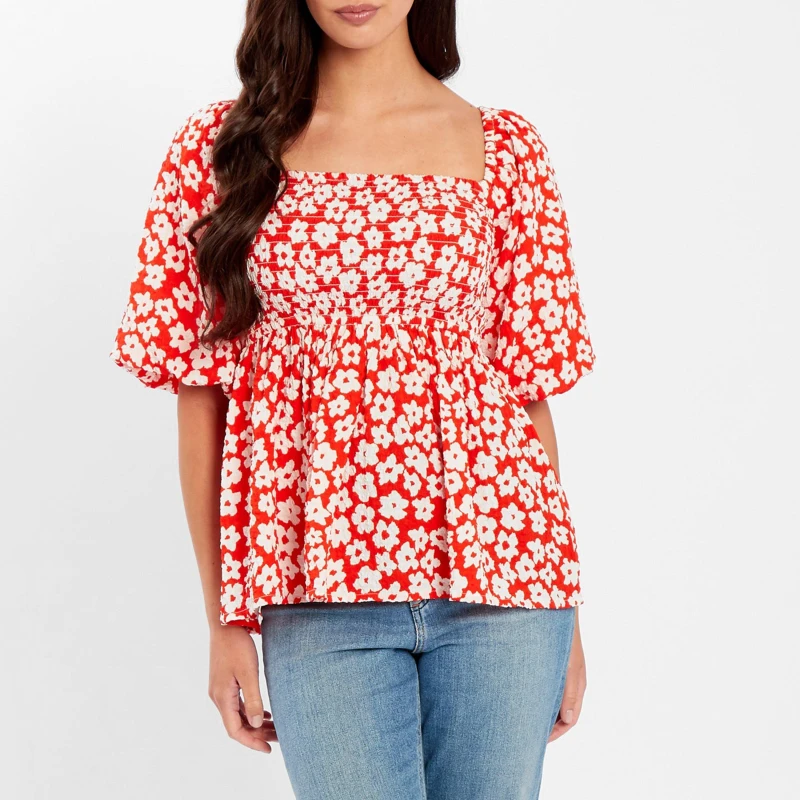 Image of Be You Square Neck Puff Slv Top - Red Red 8