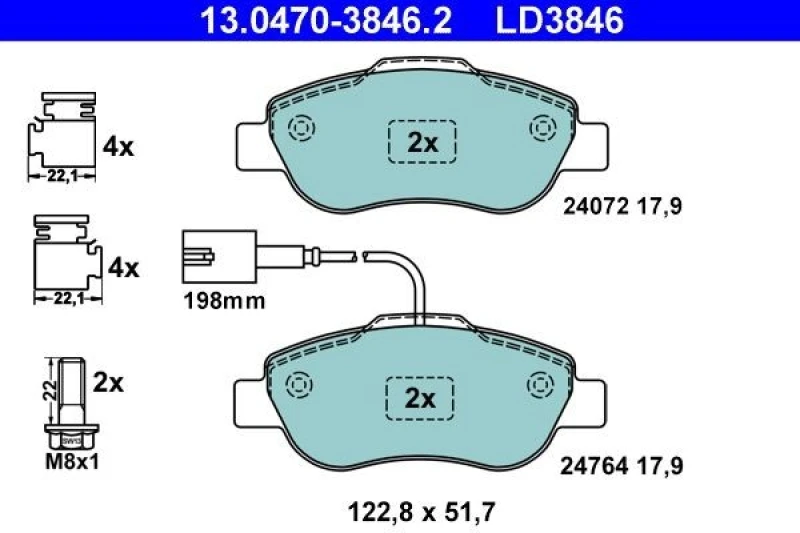 Image of ATE 13.0470-3846.2 Brake pad set incl. wear warning contact, with accessories, with brake caliper screws Brake Pad Set,disc brake (402)