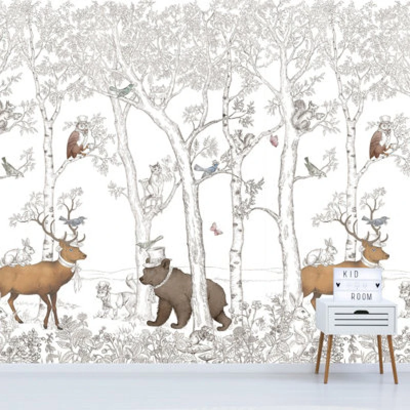 Image of Grandeco Wonderland Forest Animals 4 Lane Repeatable Wallpaper Kids Nursery Mural, Grey 2.12 M Wide