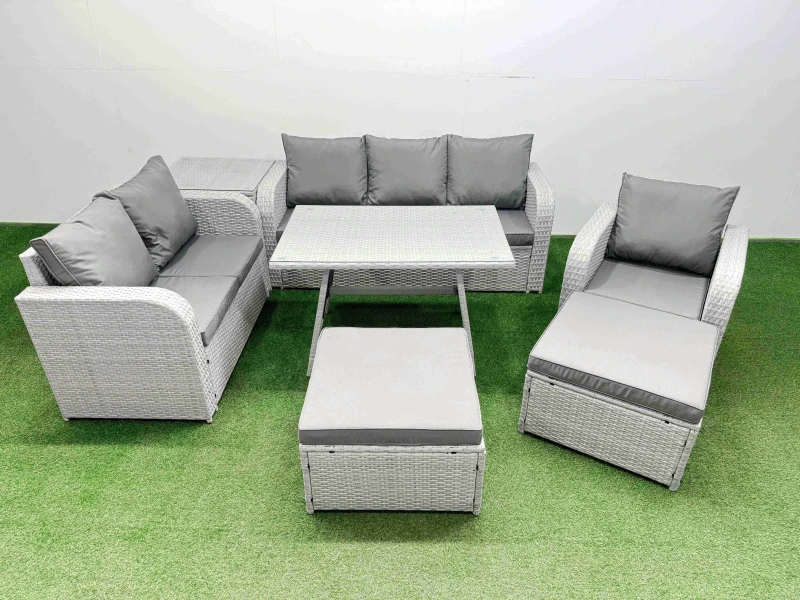 Image of Fimous Patio Dining Table & Chairs Set with Reclining Chair 2 Big Stools in Light Grey Light Grey Unisex