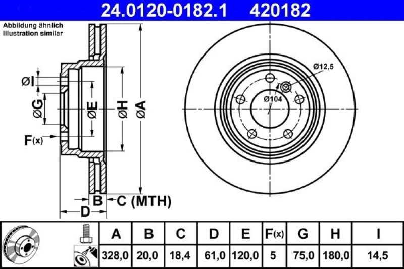 Image of ATE 24.0120-0182.1 Brake disc Vented, Coated, High-carbon, with bolts/screws Brake Disc (82)