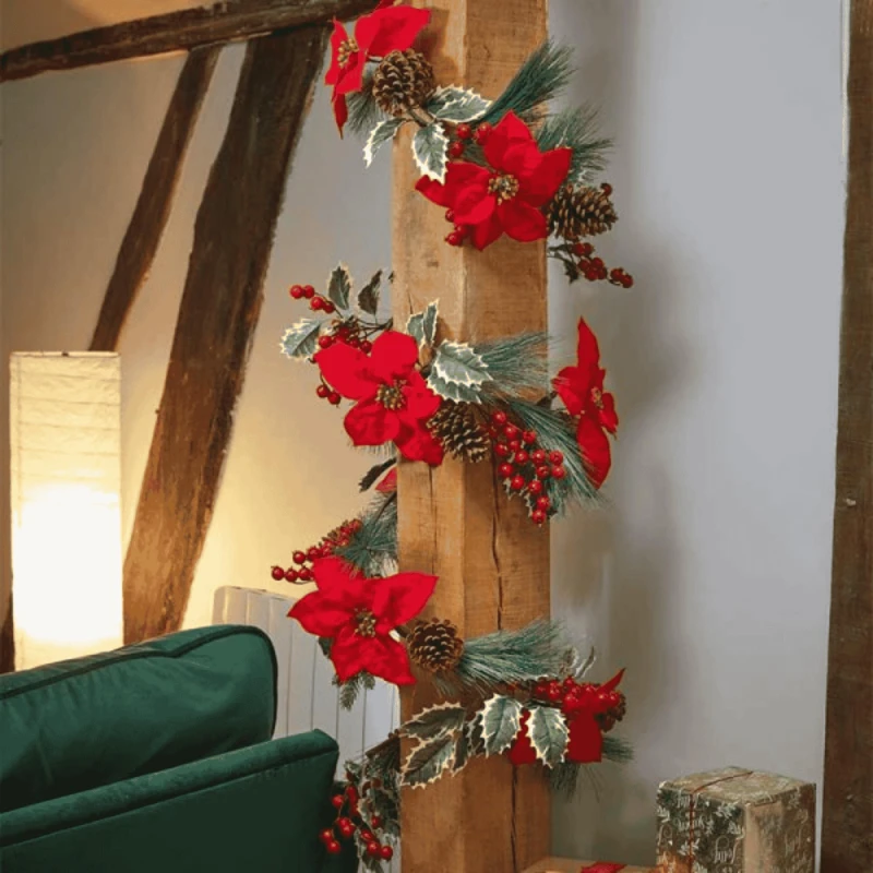 Image of 1.8m Red and Green Christmas Poinsettia Garland with Pinecones & Seasonal Foliage