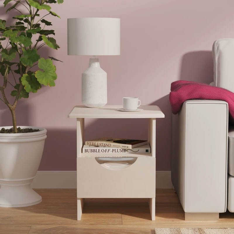 Image of Ready Assembled Indices Lamp Table With Drawer Kaschmir Gloss, Cream CAM224KGK