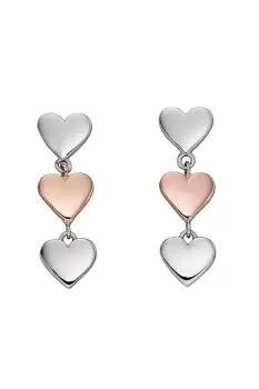 image of Rhodium & Rose Gold Plated Silver Three Heart Dangle Earrings