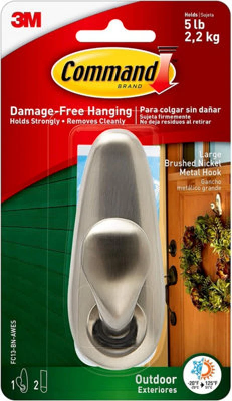 Image of 3M CLAW Outdoor Large Brushed Nickel, Metal Command Hook with Strips - For Hanging Outdoor Wreaths, Signs and Other Heavy Items White