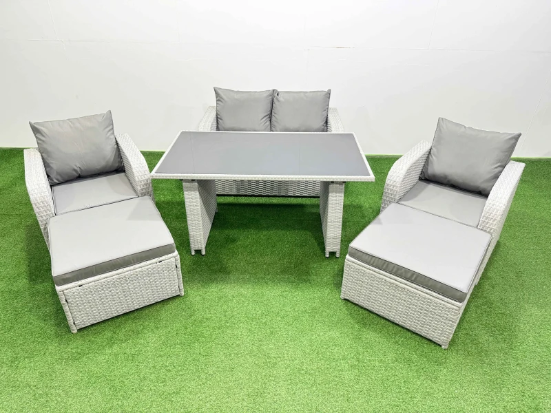 Image of Fimous Outdoor Rattan Garden Furniture Dining Set 6-seater with 2 Big Stools in Light Grey Light Grey Unisex