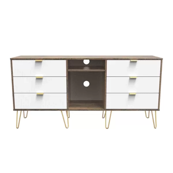 image of Welcome Furniture Ready Assembled Linear 6 Drawer Sideboard In White Matt & Vintage Oak