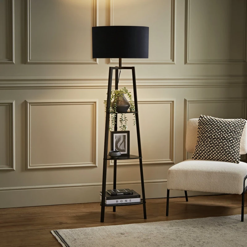 Image of ValueLights Hiru Black 3 Tier Wooden Shelf Floor Lamp With Large Black Shade Black