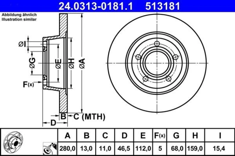 Image of ATE 24.0313-0181.1 Brake disc Solid, Coated, High-carbon Brake Disc (82)