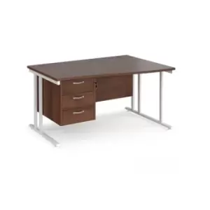 image of Office Desk Right Hand Wave Desk 1400mm With Pedestal Walnut Top With White Frame Maestro 25 MC14WRP3WHW