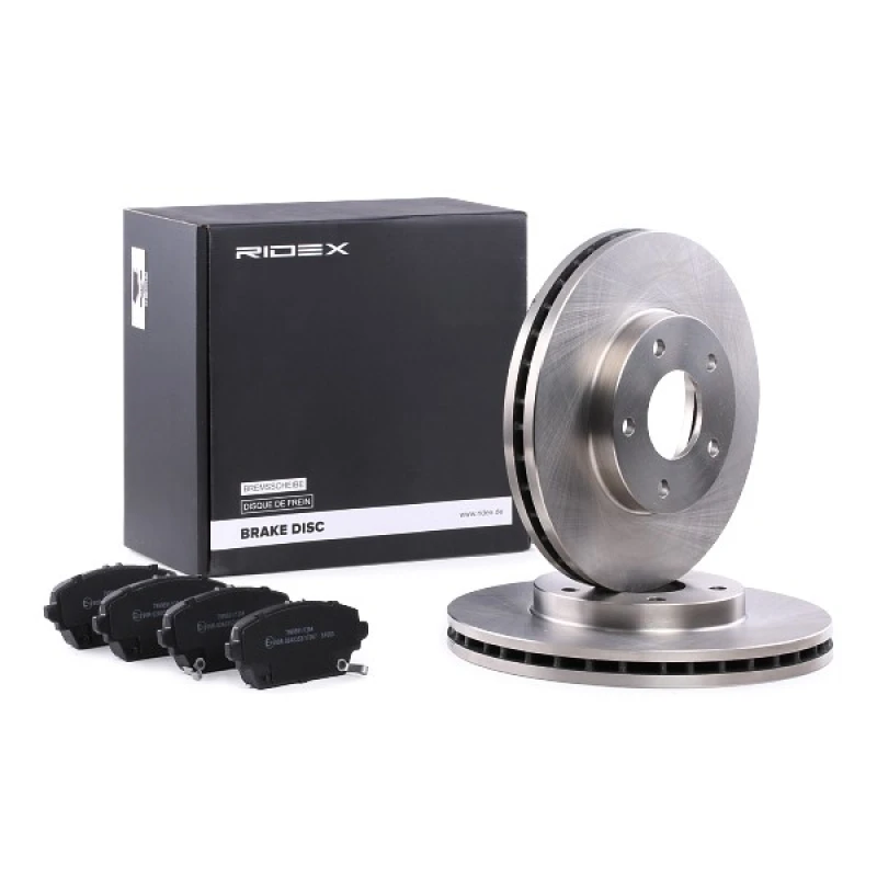 Image of RIDEX 3405B0164 Brake disc and pads set Front Axle, Brake Disc Type: Vented, with acoustic wear warning Brake Set,disc brakes (3405)