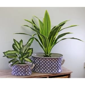 image of Set of 2 Ceramic Footbath Planters, Vintage Blue & White Geometric Design