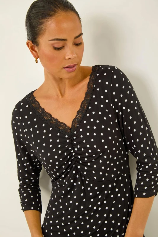 Image of Roman Womens Petite Polka Dot Lace Trim Dress in Black Size: 18 Black Female 18