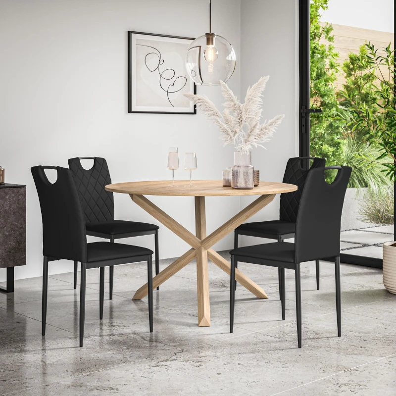 Image of More4Homes Malvern Round Dining Table And Chairs - Oak Table Top W Solid Oak Legs + Monza Faux Leather Dining Chair Set Of 4 (Black)